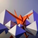 An orange origami crane standing out from a crowd of identical folded paper shapes