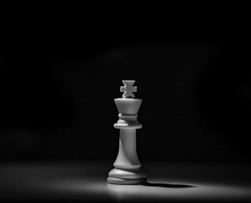 A single white chess king lit by one light source on a dark board